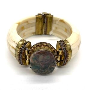Vintage Ethnic Cuff Bracelet Wood Bone Agate Stone